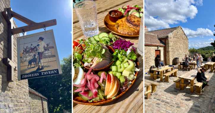 Collage of images - Drovers Tavern sign, close up shot of salad and outdoor seating area at Drovers Tavern, Beamish Museum.